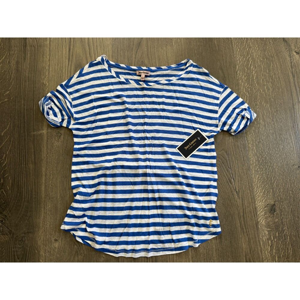 NEW Juicy Couture Malibu Tee Blue White Stripe Short Sleeve Cropped XS NWT